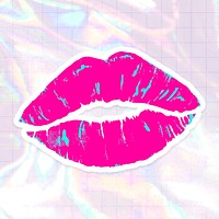 Hand drawn funky kiss halftone style sticker with a white border