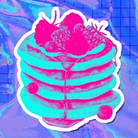 Hand drawn funky pancakes halftone style sticker with a white border