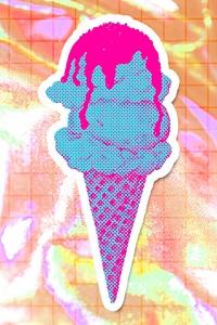 Hand drawn funky ice cream cone halftone style sticker with a white border