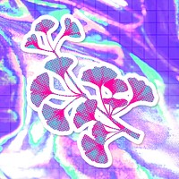 Hand drawn funky ginkgo flower halftone style sticker with a white border