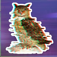 Owl glitch style sticker overlay with a white border