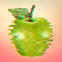 Green apple with a glitch effect on a pink background 