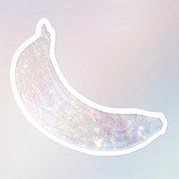 Sparkling silver banana holographic style sticker illustration with white border