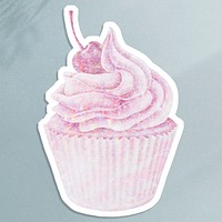 Pink holographic cherry cupcake sticker with white border