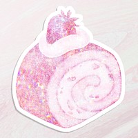 Pink holographic strawberry cake roll sticker with white border