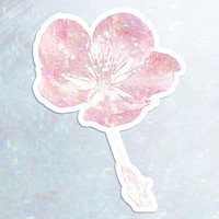 Pink holographic cherry blossom flower sticker with a white border