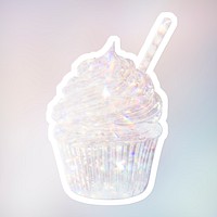 Silvery holographic cupcake sticker with a white border