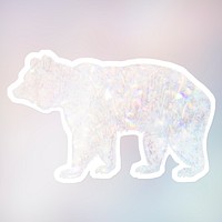 Silvery holographic bear sticker with a white border