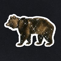 Hand drawn sparkling brown bear sticker with white border