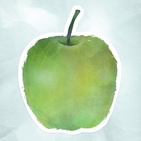 Hand drawn green apple watercolor style sticker with white border