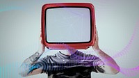 Tattooed man holding a television