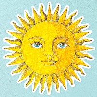 Glittery sun with a face sticker overlay with a white border on a blue background