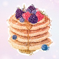 Glittery pancake topped with berries sticker overlay on a pastel purple background