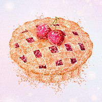 Glittery cherry pie sticker overlay on a pastel purple background 