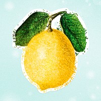 Glittery lemon sticker overlay with a white border on a mint green background