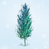 Glittery green spruce tree sticker overlay on a sky blue background