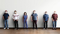People wearing face masks and physical distancing during coronavirus outbreak mockup