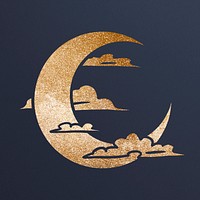 Shimmering golden crescent moon surrounded by clouds sticker overlay 