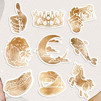 Shimmering golden cartoon sticker collection design resources