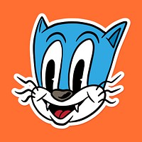Cute blue cat cartoon sticker on orange background vector