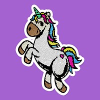 Colorful mosaic unicorn sticker overlay with a white border on a purple background design resource