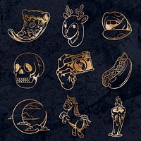 Shimmering golden cartoon sticker collection design resources