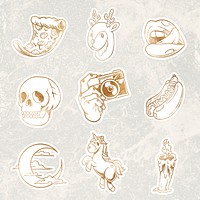 Shimmering golden cartoon sticker collection design resources