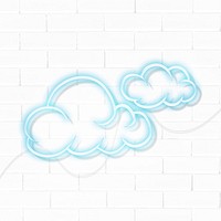 Blue neon clouds sticker overlay design resource on a white brick wall background