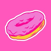 Pop art style pink glazed donut sticker overlay with halftone effects design resource