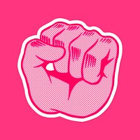 Pop art style pink raised fist sticker overlay with halftone effects design resource