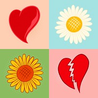 Pop art style cute valentines day sticker set with halftone effects design resource