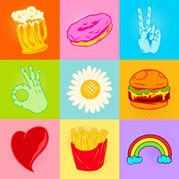 Pop art style cute sticker set with halftone effects design resource