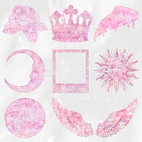 Pink holographic sticker set design elements 