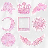 Pink holographic sticker set design elements 