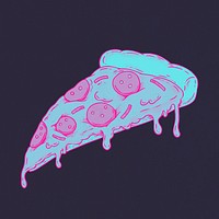 Funky neon pepperoni pizza slice sticker overlay on indigo background