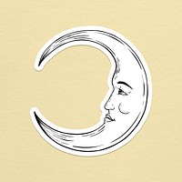 Crescent moon face outline sticker overlay with a white border