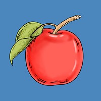 Red apple sticker overlay on a blue background 