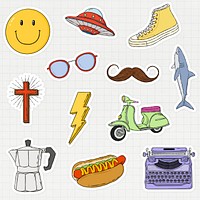 Printable cool retro object sticker mockup set