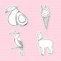 Psd food and animal vintage sticker set black and white