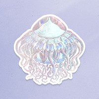 Silver holographic jellyfish sticker with a white border