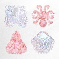 Set of holographic marine life sticker overlay design resource