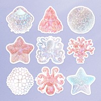 Set of holographic marine life sticker overlay design resource