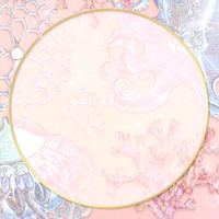 Round gold frame on a holographic marine animal patterned background