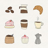 Cute coffee doodle design element vector set
