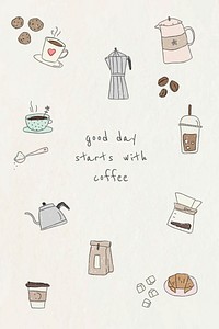 Cute coffee doodle design element vector set