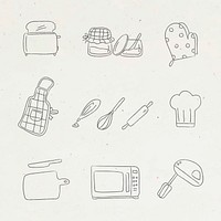 Cute kitchen utensil doodle sticker set vector