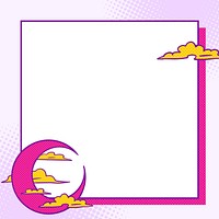Pop art pink crescent moon with yellow clouds frame vector