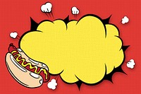 Pop art hotdog with a cartoon sound effect on a red background