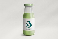 Label mockup on glass bottle with avocado milk with green lid psd 