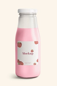 Fresh strawberry milk in a glass bottle with a label mockup